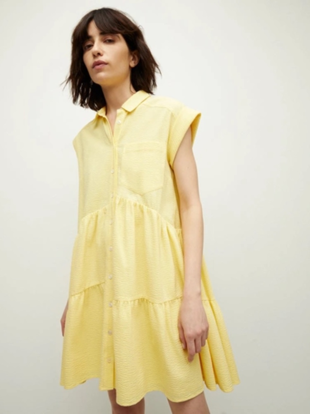VERONICA BEARD Harrow Tiered Cotton-blend Seersucker Mini Shirt Dress